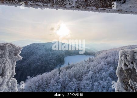 Kaumberg, Blick vom Burgturm Araburg, Blick auf die Gutenstein-Alpen, Schnee im Mostviertel, Niederösterreich, Österreich Stockfoto