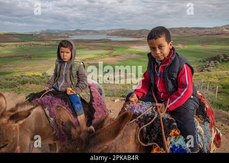 Marokko, Jorf El Melha, See Barrage Al Wahda, Mittleres Atlasgebirge, Kinder auf Esel, Berber Stockfoto