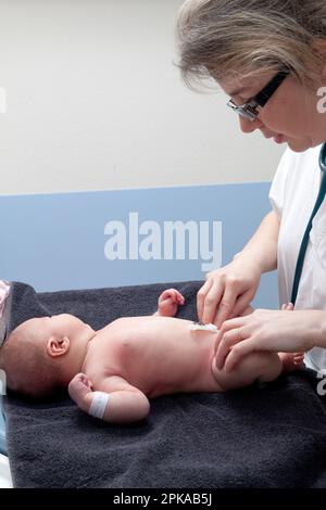 Der Kinderarzt prüft die Pulse der Femoralarterien. Stockfoto