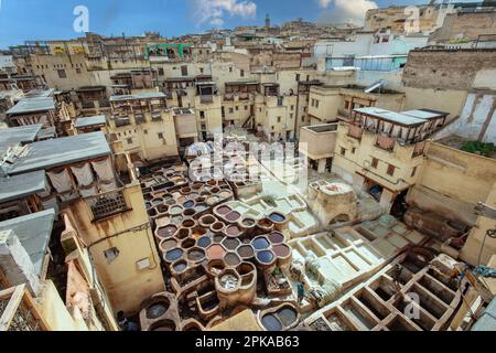 Marokko, Fez, Ledergerberei, Farbstofffabriken, Medina, In die Altstadt Stockfoto
