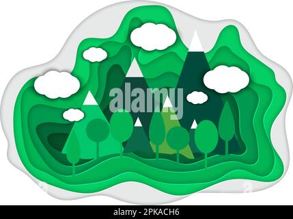 Farbenfrohes Bergpapier im Schnitt. Vektordarstellung einer Berglandschaft im Papierschnitt Stock Vektor