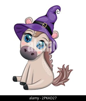 Süßes Pferd, Pony in einem lila Hexenhut, mit Besen, Kürbis, Trank. Halloween-Karte für die Feiertage. Stock Vektor