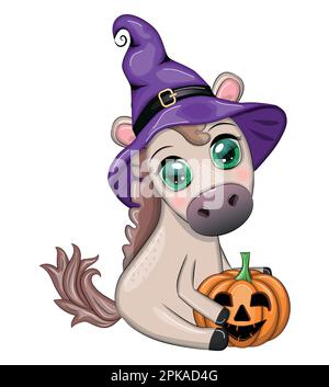 Süßes Pferd, Pony in einem lila Hexenhut, mit Besen, Kürbis, Trank. Halloween-Karte für die Feiertage. Stock Vektor