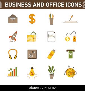 Eine Sammlung mehrfarbiger Flachsymbole zum Thema: Geschäft und Büro. Isoliert auf weißem Hintergrund. Stockfoto