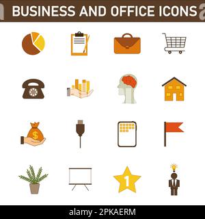 Eine Sammlung mehrfarbiger Flachsymbole zum Thema: Geschäft und Büro. Isoliert auf weißem Hintergrund. Stockfoto