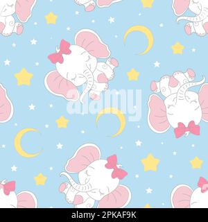 Nahtloses Muster mit weißen Baby-Elefanten, Sternen und Halbmond. Für Design, Tapeten, Hintergründe, Geschenkpapier, Sammelalben, pr Stock Vektor