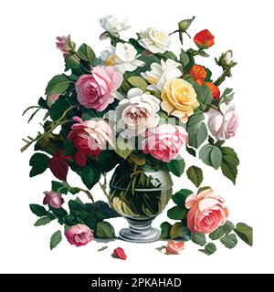 Vektorbouqet mit Rosen in Vase. Sammlung Magenta Blumen, Blätter, Zweige. Design für Gruß, Karte, Einladung, Flyer, Banner. Stock Vektor