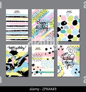 Design mit Geburtstagskarten. Ein Set trendiger, handgezeichneter Geburtstagskarten. Herzlichen Glückwunsch zur Geburtstagskarte und Party-Einladungs-Temp Stock Vektor