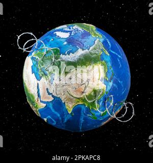 Weltkriegskonzept, Stacheldraht, der über Asien um die Welt gewickelt ist und durch Russland und China läuft. Weitere Versionen dieses Bildes sind verfügbar. Stockfoto