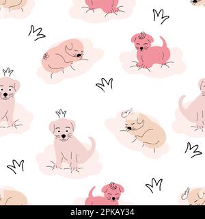 Süßes schlafendes Hündchen, Wolken, Sterne, Krone, Schmetterlinge nahtloses Muster. Sanfte Farben für Neugeborene Stock Vektor