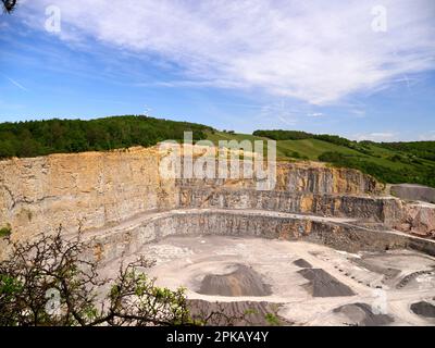 Steinbruch unterhalb der Höhfeldplatte Natur- und Landschaftsschutzgebiet in der Nähe von Thüngersheim, Main-Spessart, Niederfrankien, Bayern, Deutschland Stockfoto