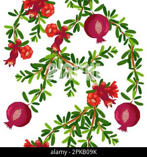 Granatäste mit Früchten und Blumen nahtloses Muster. Glänzende Blätter und Früchte, Samen und Lappen. Shana Tova Nahtloses Muster. Das Jüdische Neue Ye Stock Vektor