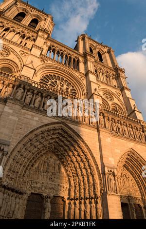 Schönes Portal der berühmten Kathedrale Notre Dame in Paris vor dem Feuer, Frankreich Stockfoto