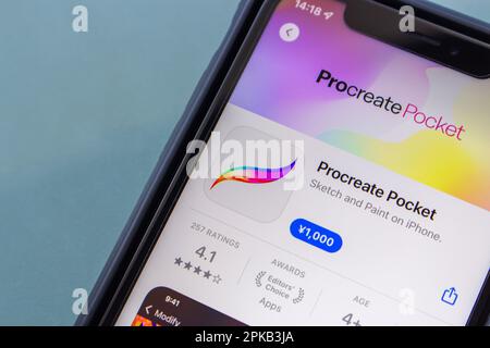 Die Procreate Pocket App wird in einem App Store auf dem iPhone-Bildschirm angezeigt. Procreate ist eine Editor-App für Rastergrafiken für digitales Malen von Savage Interactive Stockfoto