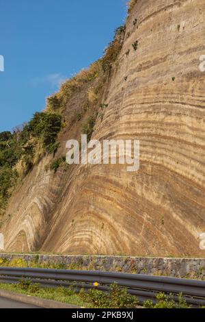 Japan, Honshu, Izu-Oshima Island, Road and Stratum Section of Cliffs Stockfoto