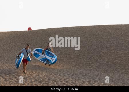 England, Dorset, Bridport, West Bay, ein Paar mittleren Alters, das Paddle Boards am Strand trägt Stockfoto