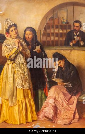 England, Dorset, Bournemouth, Russell Cotes Art Gallery and Museum, Painting of Two Women Opening Letters in einem portugiesischen Postamt mit dem Titel „Good News and Bad News“ John Bagnold Burgess vom 1876 Stockfoto