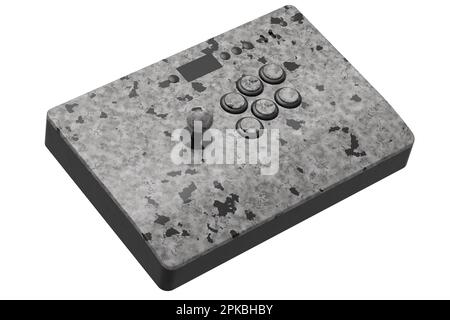 Klassischer Arcade-Stick mit Joystick und Knöpfen in Turnierqualität mit schwarzer Marmorstruktur auf weißem Hintergrund. 3D-Rendering von Spielautomaten, Streaming Stockfoto