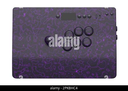 Klassischer Arcade-Stick mit Joystick und Tasten in Turnierqualität mit nahtlosem Wellenmuster auf weißem Hintergrund. 3D-Rendering von Spielautomaten, Streaming Stockfoto