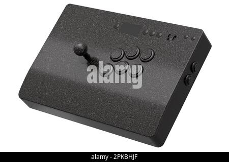 Klassischer Arcade-Stick mit Joystick und Tasten in Turnierqualität mit nahtlosem Mosaikmuster auf weißem Hintergrund. 3D-Rendering von Spielautomaten, Streami Stockfoto