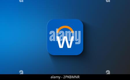 Agadir, Marokko - April 2023: Workday Logo in einem abgestuften Hintergrund Stockfoto