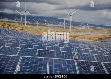 Ein Solarkraftwerk mit Solarpaneelen und Windturbinen, das erneuerbare Energie erzeugt. Stockfoto