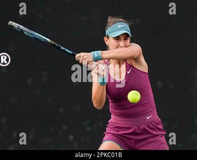 Charleston, South Carolina, USA. 6. April 2023. Belinda Bencic (SUI) kämpft gegen Shelby Rogers (USA) bei den Credit One Charleston Open, die am 6. April 2023 im Family Circle Tennis Center in Charleston, South Carolina, ausgetragen werden. © Leslie Billman/Tennisclix Credit: Cal Sport Media/Alamy Live News Stockfoto