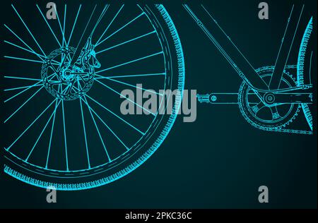 Stilisierte Vektordarstellung der Nahaufnahme des Vorderrads der Fahrradgabel Stock Vektor