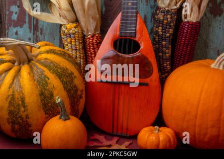 Old Mandolin Und Herbst Kürbisse Still Life Stockfoto