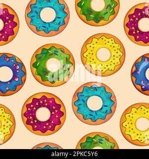 Nahtloses Muster aus mehrfarbigen Donuts auf beigefarbenem Hintergrund. Süßwaren Süßigkeiten, Draufsicht. Qualitativ hochwertige Darstellung Stockfoto