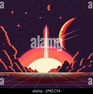 Landschaft mit Bergen und Science-Fiction-Schloss auf einem fernen Planeten. Futuristischer Sonnenaufgang im Stil der Atomzeitalter von 80s. Stock Vektor