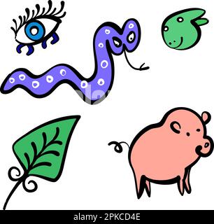 Handgezeichnete Zeichenkunstensammlung mit lustigen bunten Cartoon-Pudeln. Tiere, Pflanzen, Symbole. Illustrationen auf weißem Hintergrund Stock Vektor