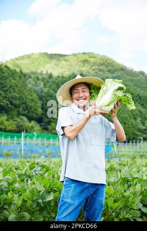 Ein Mann, der Chinakohl auf einem Feld hält Stockfoto