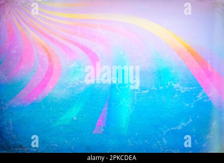 Abstrakter Hintergrund mit Streifen und Linien leuchtendes Gelb-Orange-Rosa-Blau, das Strahlen auf blauem Hintergrund wirbelt Stockfoto