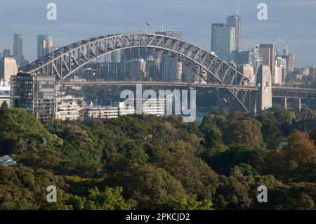 Blick vom Dach auf die Sydney Harbour Bridge mit Blick nach Westen von Woolloomooloo über den Royal Botanic Garden, NSW, Australien Stockfoto