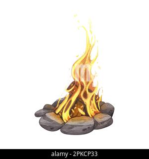 Aquarell brennendes Lagerfeuer mit Holz auf dem Lagerfeuerplatz. Handgezeichnete Darstellung isoliert auf weißem Hintergrund. Perfekt für Reisen, Trip Stockfoto