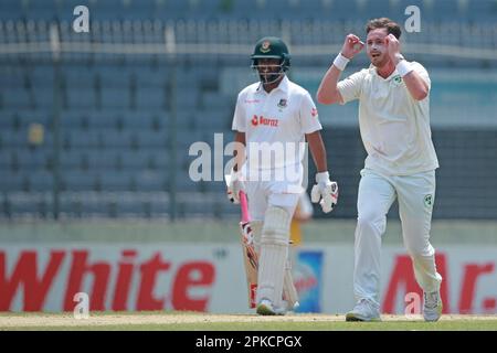 Mark Adair feiert, nachdem Litton Kumar das (unsichtbare) Wicket am vierten Tag des alleinigen Testspiels zwischen Bangladesch und Irland bei She bekommen hat Stockfoto