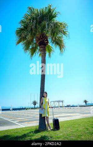 Eine Frau, die zum Seebad reist und sich gegen eine Palme lehnt Stockfoto