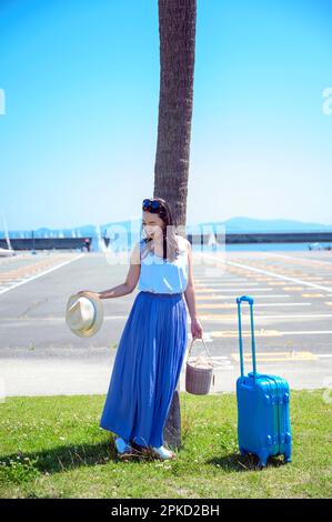 Eine Frau, die zum Seebad reist und sich gegen eine Palme lehnt Stockfoto