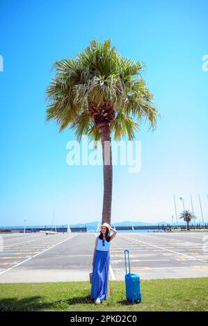 Eine Frau, die in ein Seebad reist und sich gegen eine Palme lehnt Stockfoto