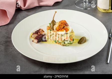 Russischer Salat mit Aioli-Sauce, Garnelen, Tintenfisch und Kapern auf einem weißen Porzellanteller Stockfoto