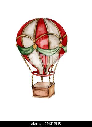 Aquarell-Heißluftballon im Vintage-Stil. Handgezeichnete Babydarstellung eines Oldtimer-Flugzeugs auf isoliertem Hintergrund. Hübsche Zeichnung für die Neugeborenendusche Stockfoto
