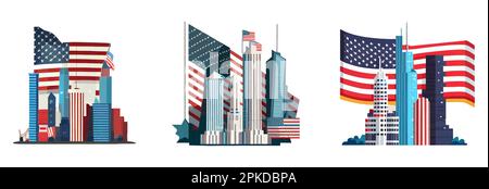 Legt die Vektordarstellung der Stadt gegen die amerikanische Flagge auf weißem Hintergrund fest Stock Vektor