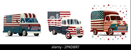 Vektordarstellung des Lkws mit amerikanischer Flagge, isoliert auf weiß Stock Vektor