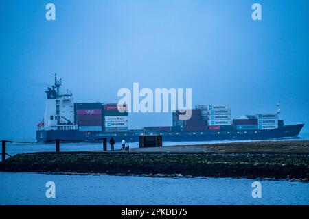 Dichter Nebel im Winter, hängt über der Mündung der Elbe in die Nordsee, Containerschiff geht in die Elbe, Cuxhaven, Niedersachsen, Deutschland, Stockfoto