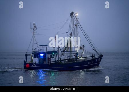 Dicker Nebel im Winter, hängt über der Mündung der Elbe in die Nordsee, Fischerboot, Krabbenschneider, SAPHIR, CUX14, Sie betreten den Hafen von Cuxhaven in Stockfoto