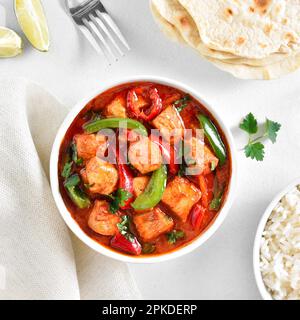 Thailändisches rotes Chicken-Chicken-Pusterklauch mit Gemüse in einer Schüssel auf weißem Hintergrund. Draufsicht, flach liegend Stockfoto