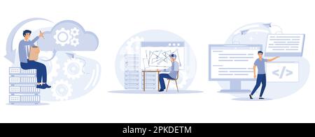 Infrastrukturkonzept zur Informationsspeicherung, Big-Data-Architektur, Big-Data-Visualisierung, Dateneingabeservices, Business Intelligence, Flachvektor festlegen Stock Vektor