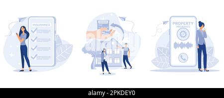 Versicherungsdienstleistungen Konzept, Reiseversicherung online kaufen, professioneller Gutachter führt Immobilienbewertung durch, beansprucht Sachversicherung, Stock Vektor