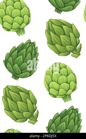 Nahtloses Vektormuster mit handgezeichneten Artischocken auf weißem Hintergrund. Konsistenz mit Cartoonkopf von Kohl gesundem Gemüse. Natürliche gesunde Ernährung Stock Vektor